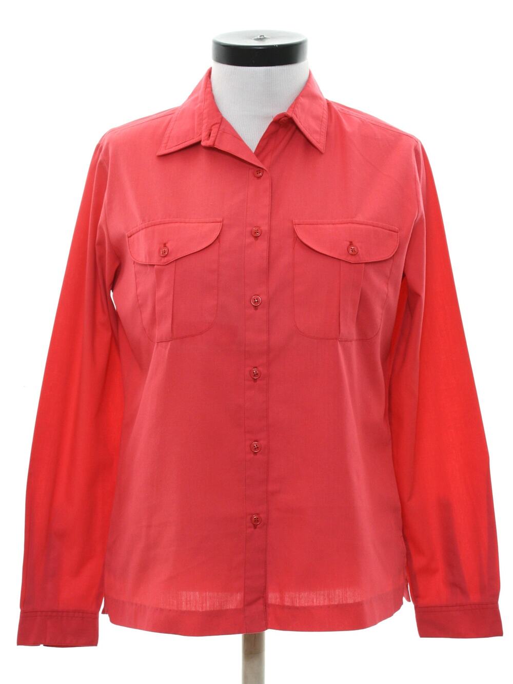 Vintage 60s Panher Women's Medium Pink Red Blouse Patch Pocket Button Shirt